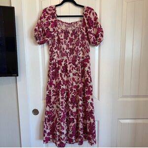 Bright floral puff sleeves ruched bodice prairie dress women's L
